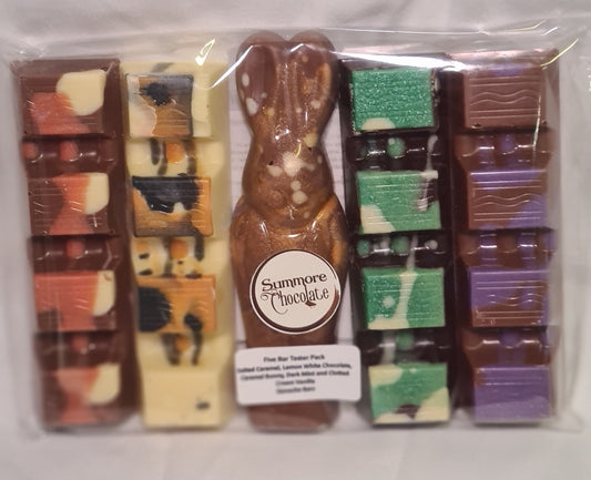 Easter 5 Bar Pack - Salted caramel, Lemon White Chocolate, Caramel Bunny, Mint Dark Chocolate and Vanilla Clotted Cream Ganache Bars